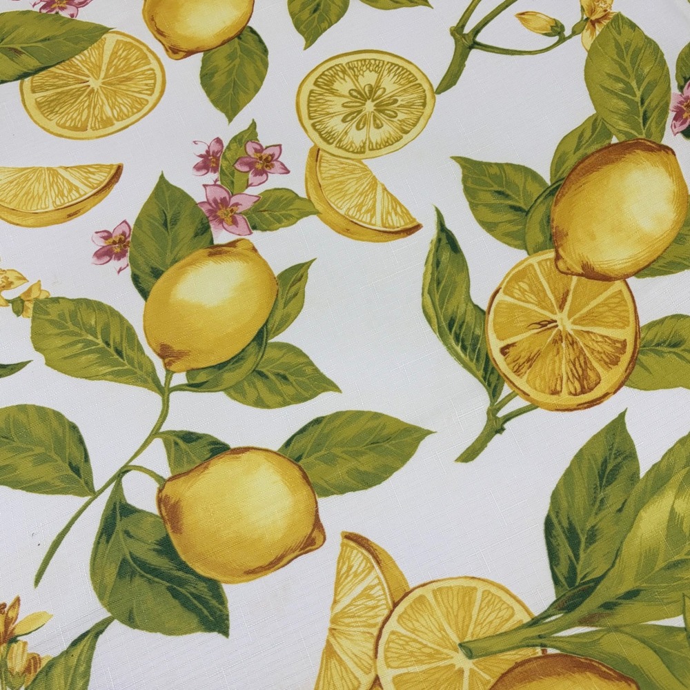 Lemon Citrus Fruit Print Rectangular Tablecloth White Yellow Green Floral